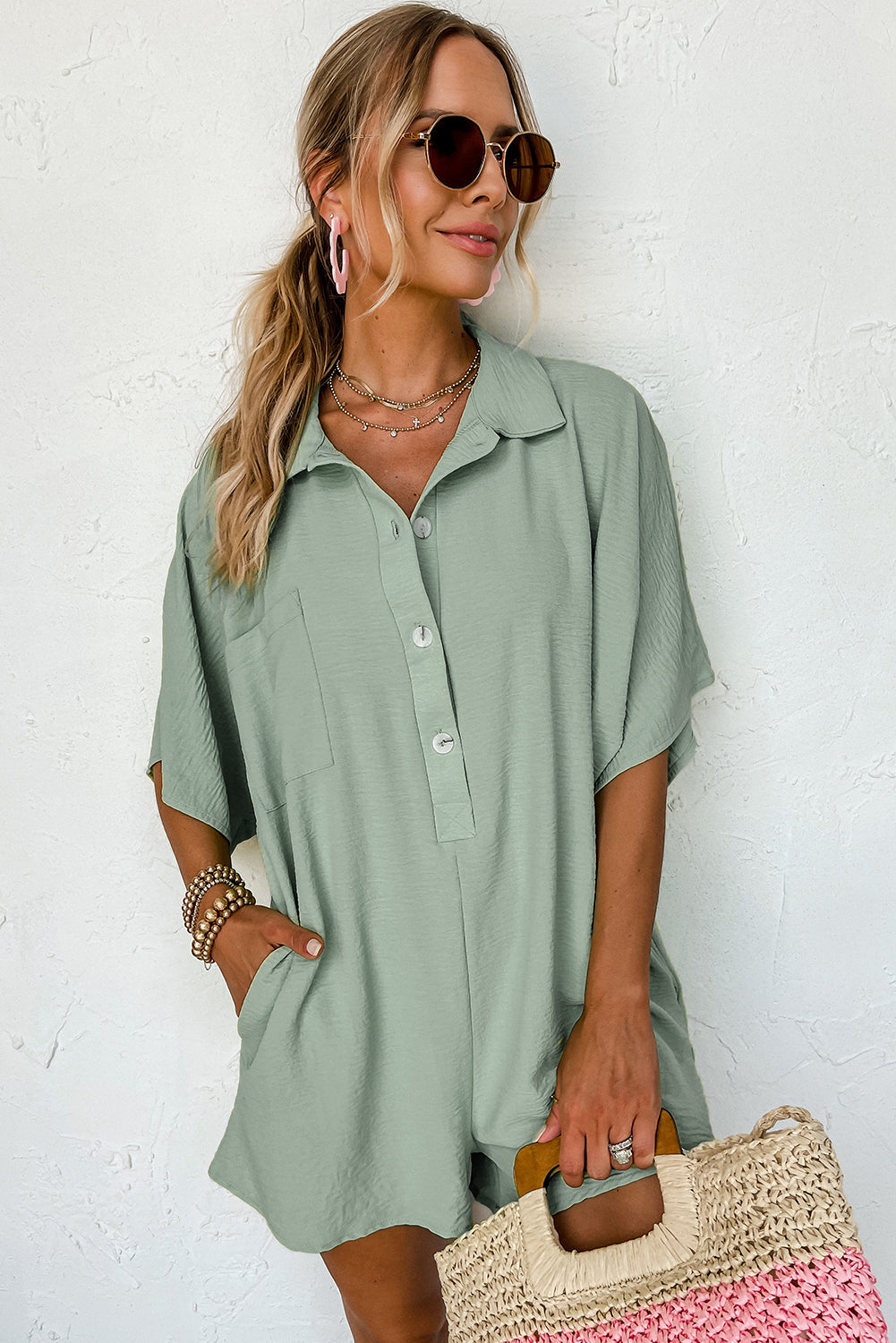 Spinach Green Half Button Collared Loose Romper - Mudiwa 