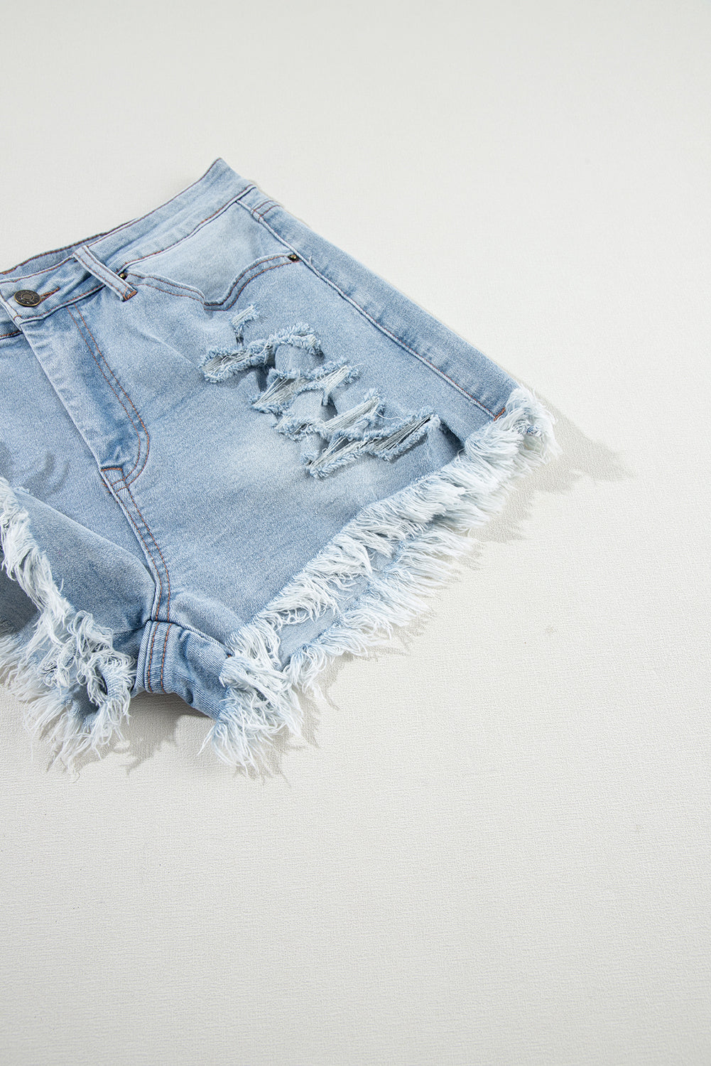 Light Blue Distressed Ripped Raw Hem High Waist Denim Shorts - Mudiwa 