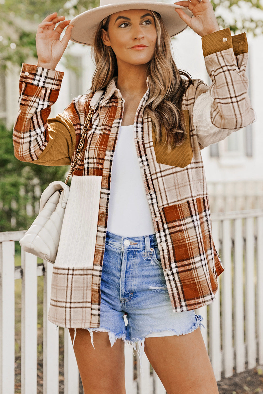 Orange Plaid Color Block Patchwork Shirt Jacket with Pocket