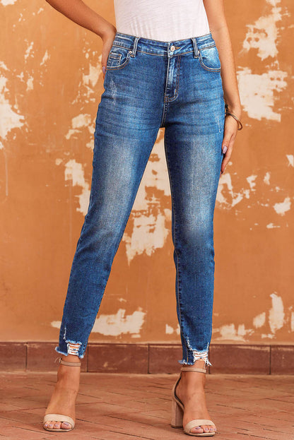 Blue Raw Hem Ankle-length Skinny Jeans - Mudiwa 