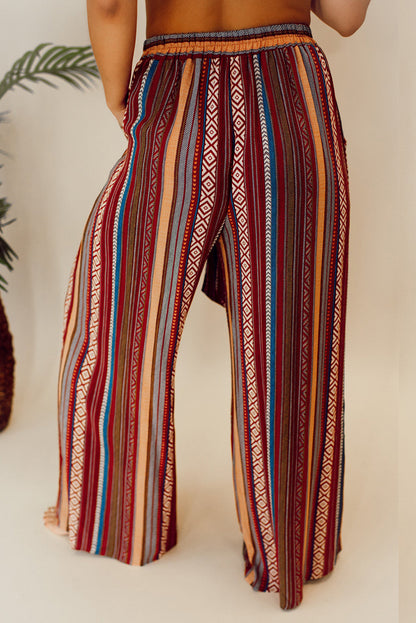 Red Boho Ethnic Striped Print Tie Waist Wide Leg Pants - Mudiwa 