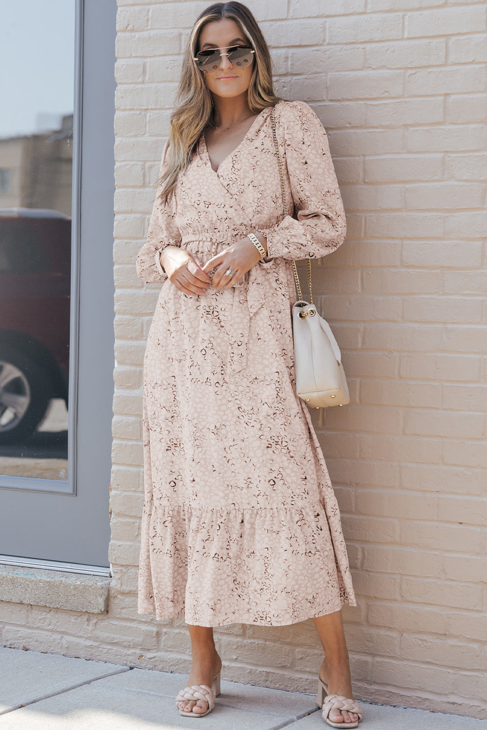 Leopard Surplice Neck Bubble Sleeve Maxi Dress with Sash - Mudiwa 