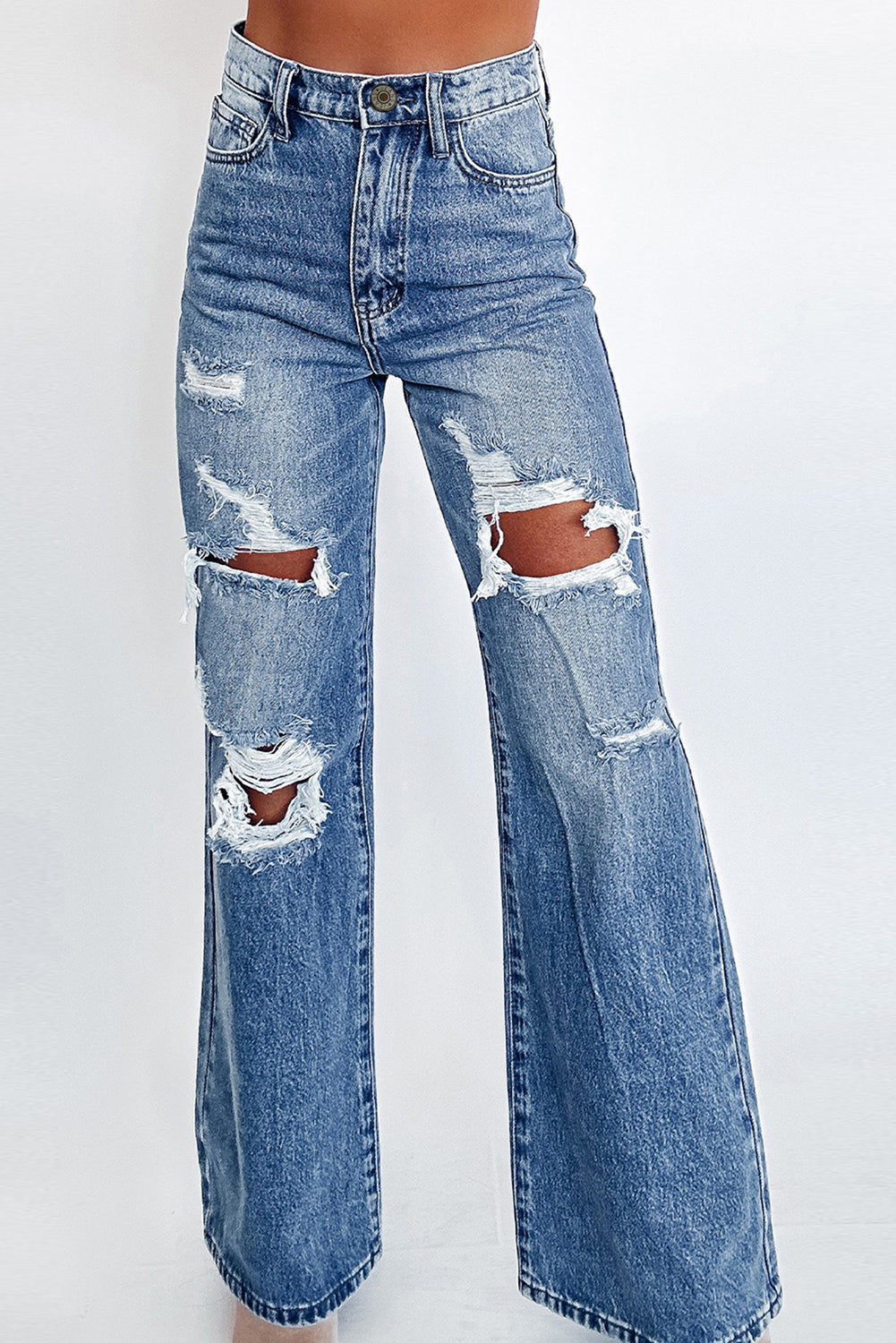 Ashleigh Blue Acid Wash Distressed Wide Leg High Waist Jeans - Mudiwa 