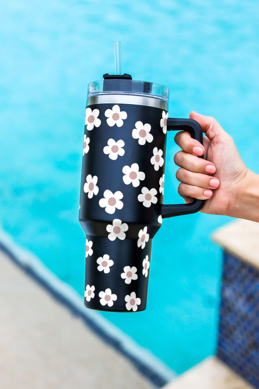 Black Floret Print Stainless Tumbler With Lid And Straw - Mudiwa 