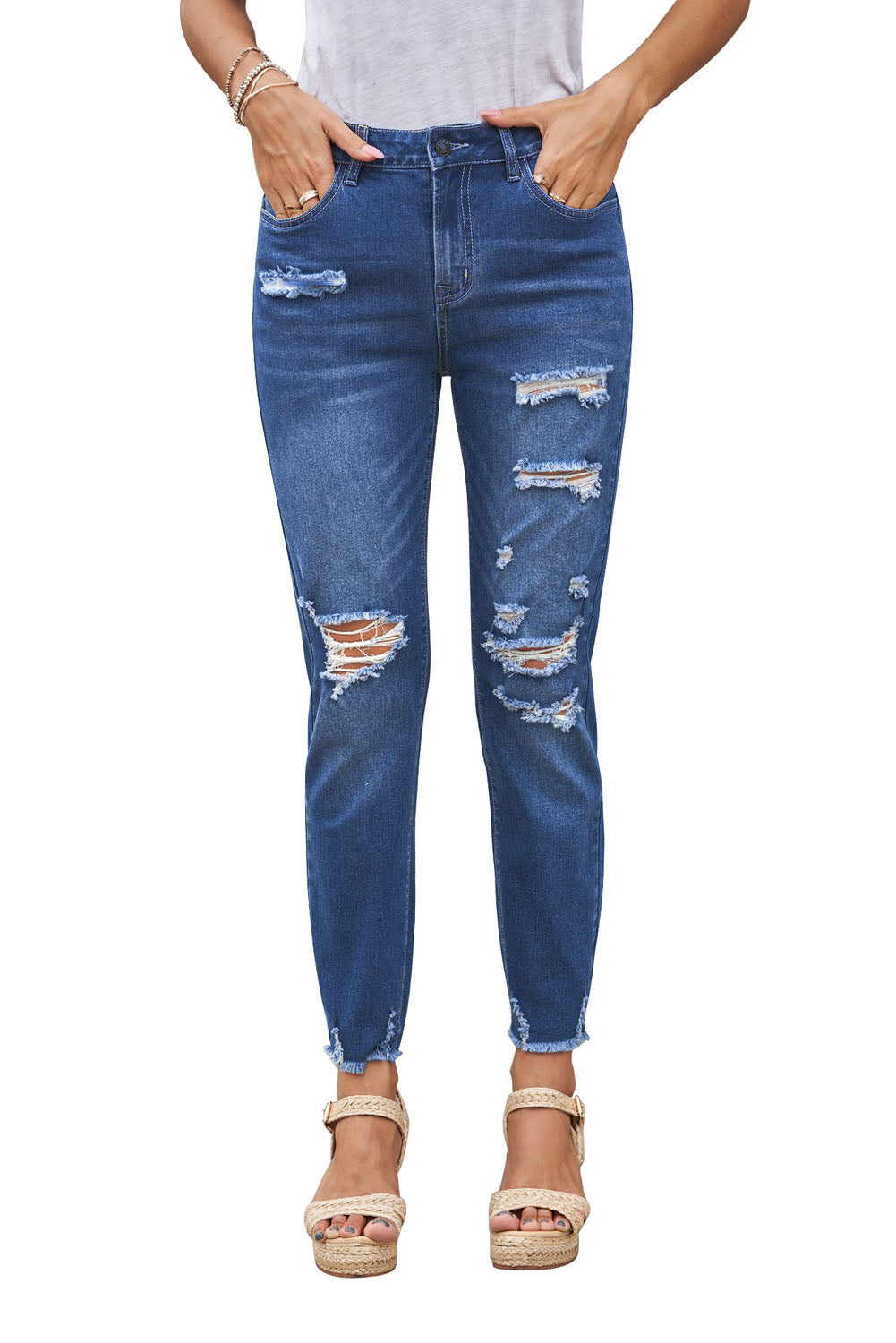 Light Blue Distressed Boyfriend Denim Pants - Mudiwa 