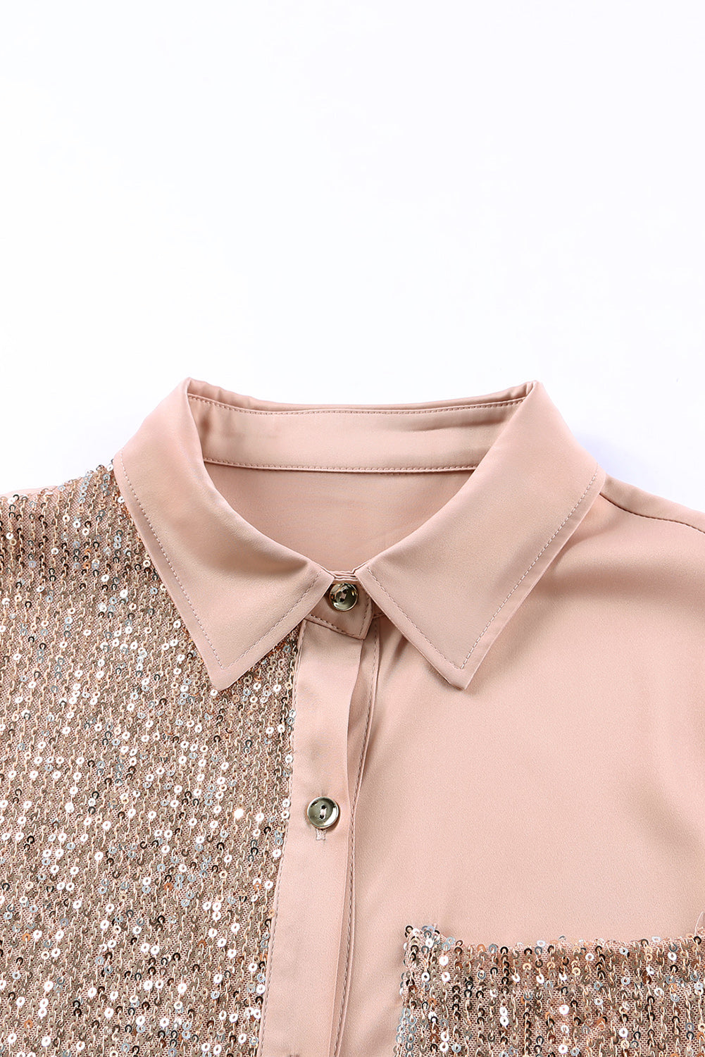 Khaki Sequin Splicing Pocket Buttoned Shirt Dress - Mudiwa 