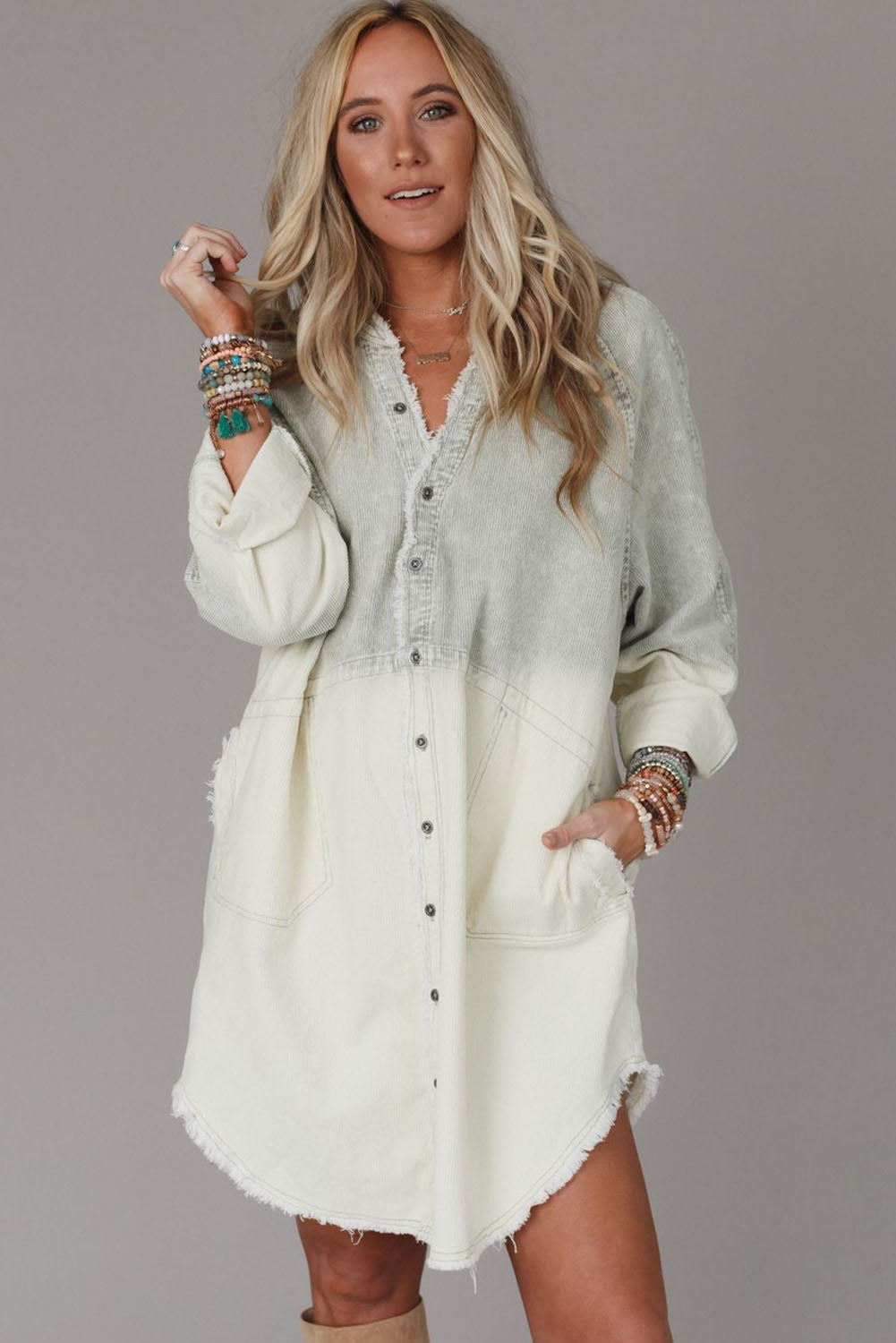 Gray Gradient Long Sleeve Button Up Raw Hem Denim Dress - Mudiwa 