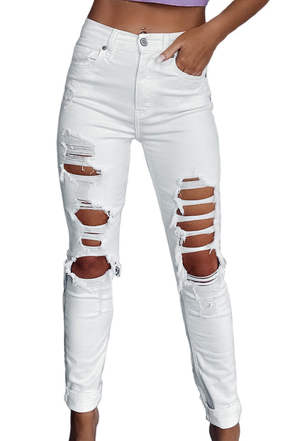 White Distressed Ripped Holes High Waist Skinny Jeans - Mudiwa 