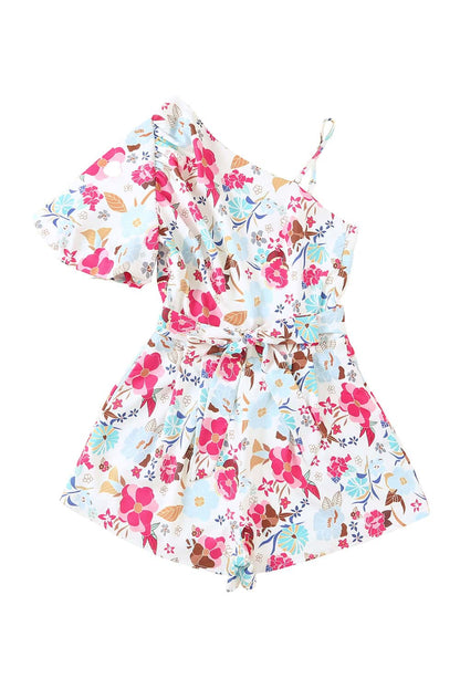 White Floral Single Bubble Sleeve Slant Shoulder Romper - Mudiwa 