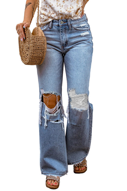 Sky Blue Destroyed Open Knee Wide Leg Jeans - Mudiwa 