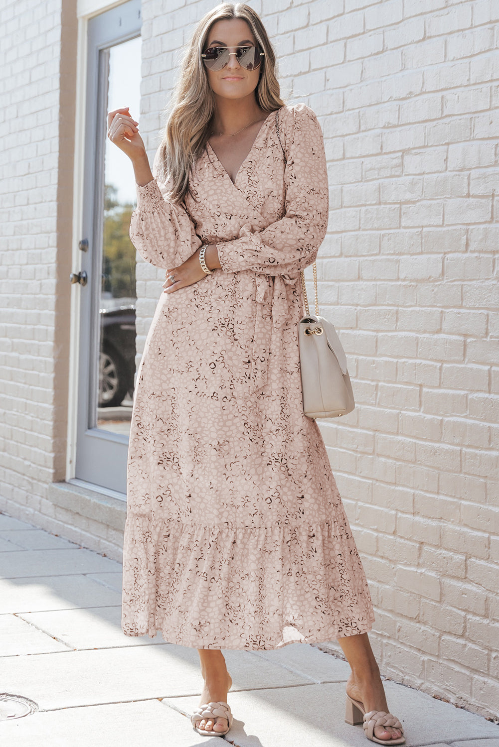 Leopard Surplice Neck Bubble Sleeve Maxi Dress with Sash - Mudiwa 