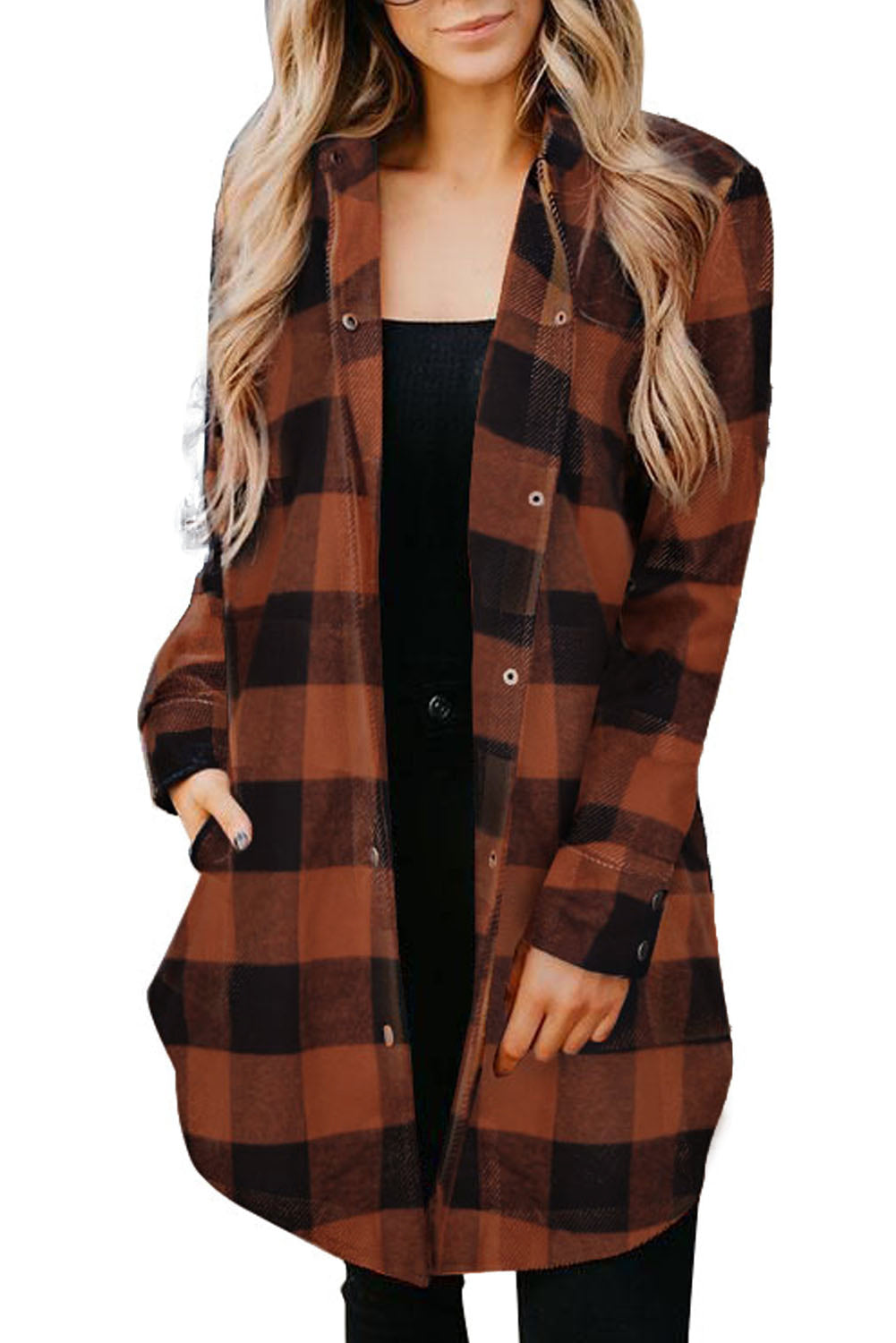 Brown Turn-down Collar Plaid Shirt Coat - Mudiwa 