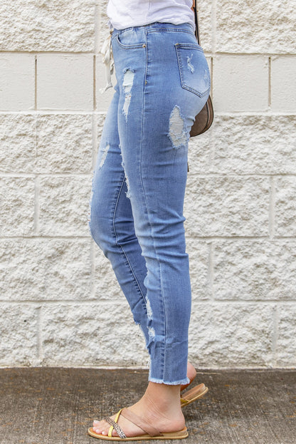 Sky Blue Drawstring Elastic Waist Hole Ripped Jeans - Mudiwa 