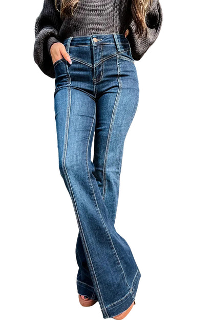 Blue High Waist Seam Stitching Pocket Flare Jeans - Mudiwa 