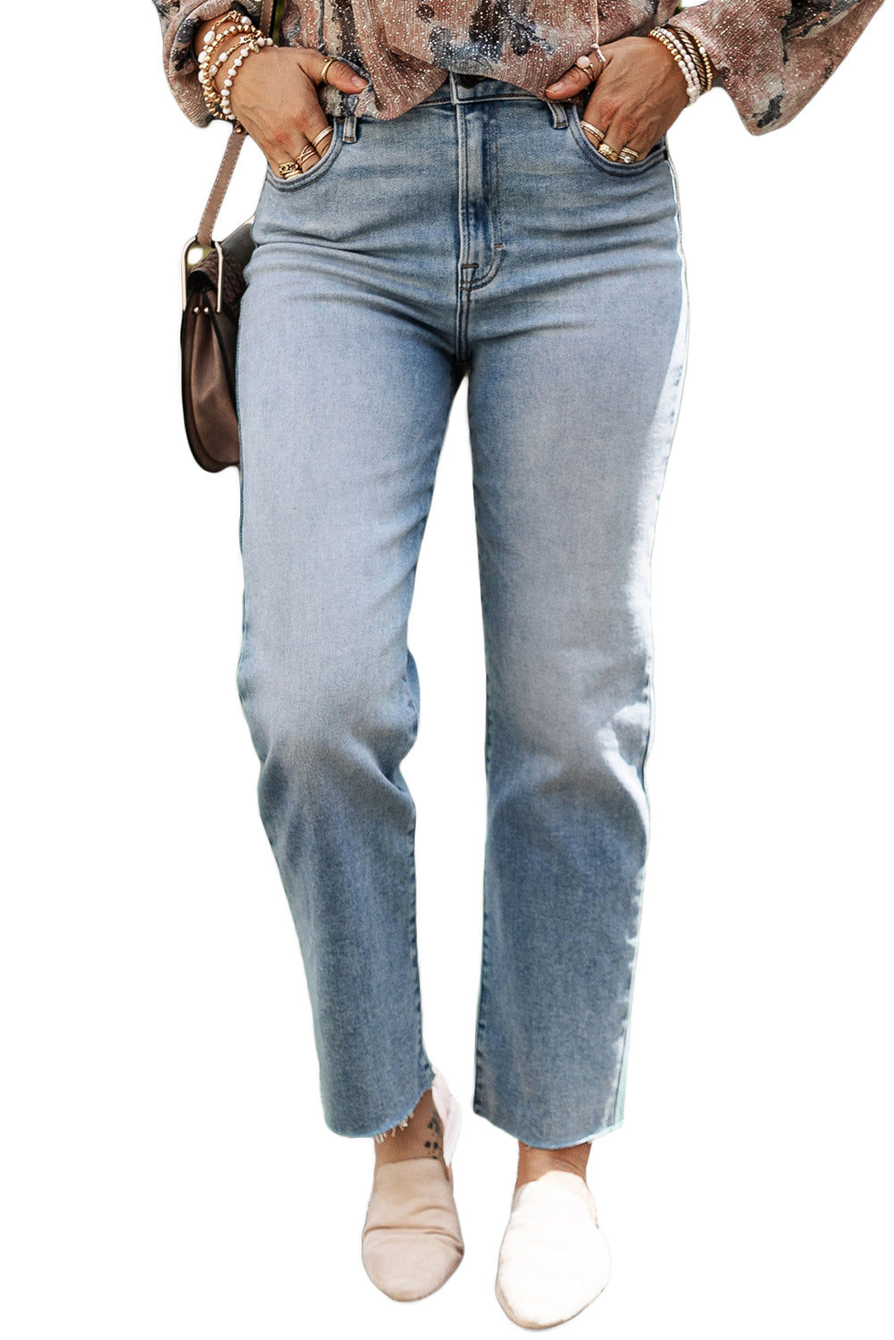 Light Blue Acid Wash Raw Edge Straight Jeans - Mudiwa 