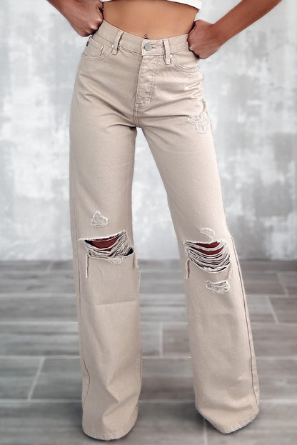 Khaki High Waist Ripped Wide-Leg Jeans - Mudiwa 