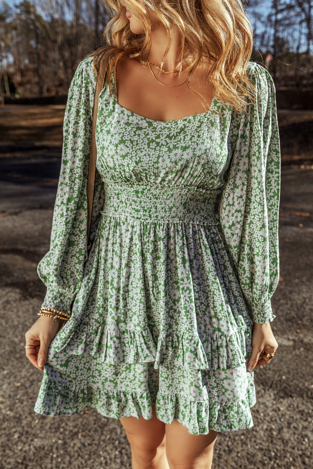 Green Floral Print Square Neck Shirred Waist Tiered Ruffled Mini Dress - Mudiwa 