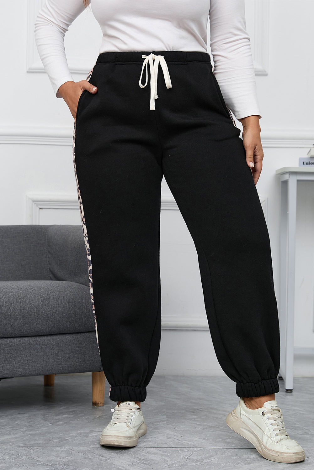 Black Plus Size Contrast Leopard Side Panel Joggers - Mudiwa 