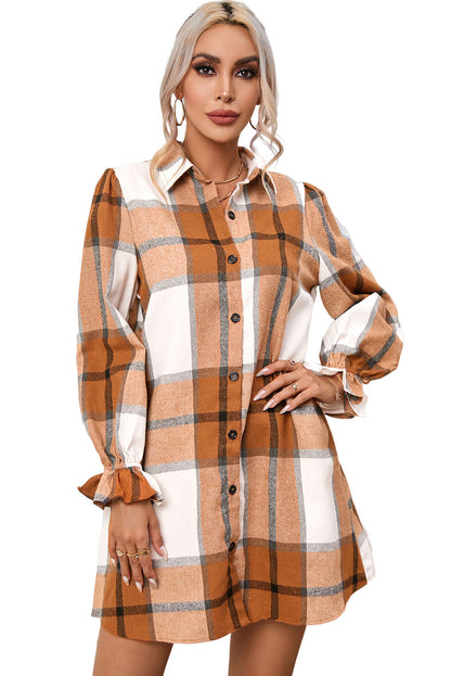 Khaki Plaid Pattern Collared Neck Ruffled Sleeve Shirt Dress - Mudiwa 