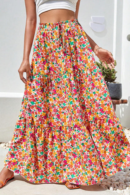 Yellow Boho Floral Print Tiered Long Skirt - Mudiwa 