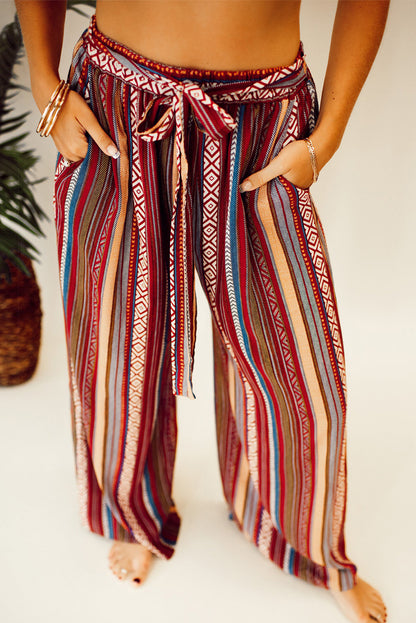 Red Boho Ethnic Striped Print Tie Waist Wide Leg Pants - Mudiwa 