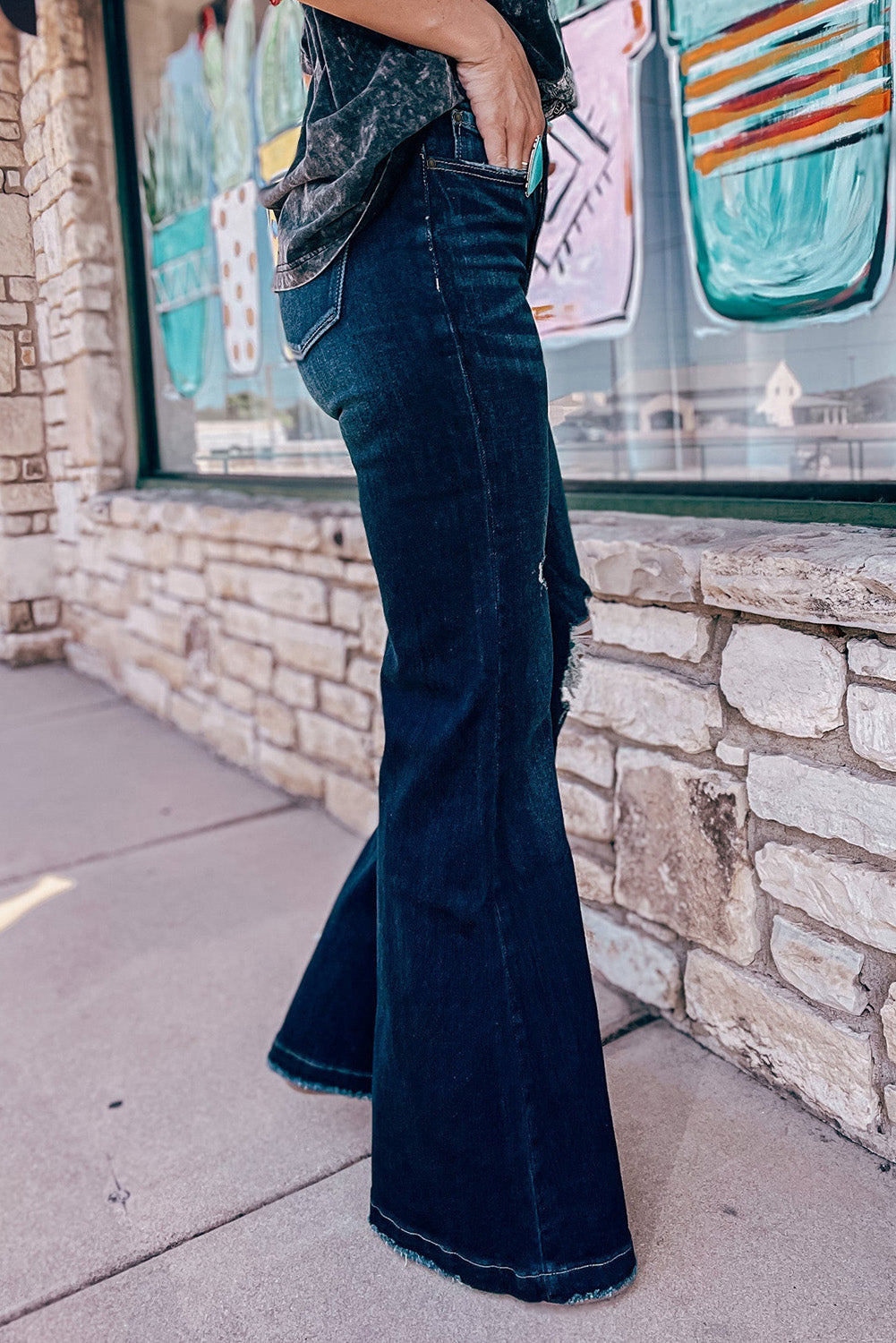 Real Teal High Rise Ripped Bell Bottom Jeans - Mudiwa 