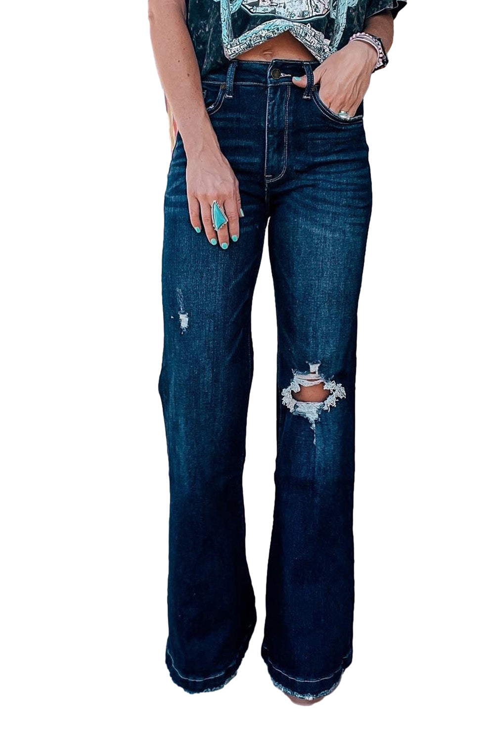 Real Teal High Rise Ripped Bell Bottom Jeans - Mudiwa 