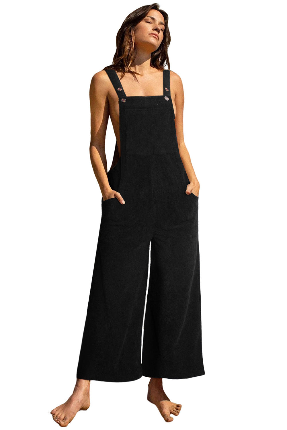 Black Solid Color Corduroy Wide Leg Bib Overalls - Mudiwa 