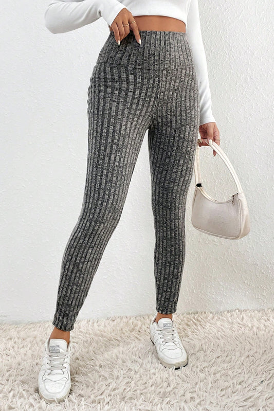 Gray Wide Waistband Ribbed Textured Knit Leggings - Mudiwa 