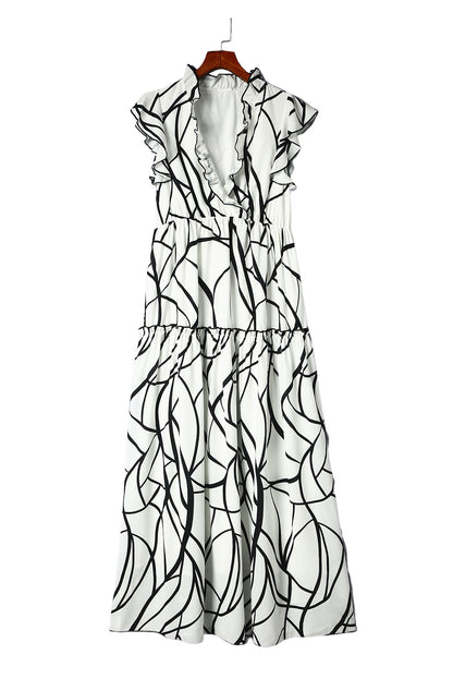 White Abstract Vein Print V Neck Ruffle Maxi Dress - Mudiwa 