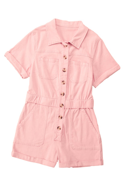 Pink Pocketed Button Down Denim Romper - Mudiwa 