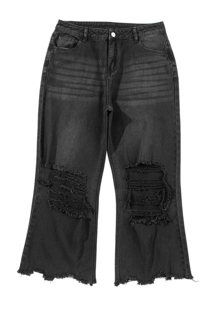 Black Distressed Hollow-out High Waist Cropped Flare Jeans - Mudiwa 