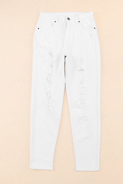 White Distressed Ripped Holes High Waist Skinny Jeans - Mudiwa 