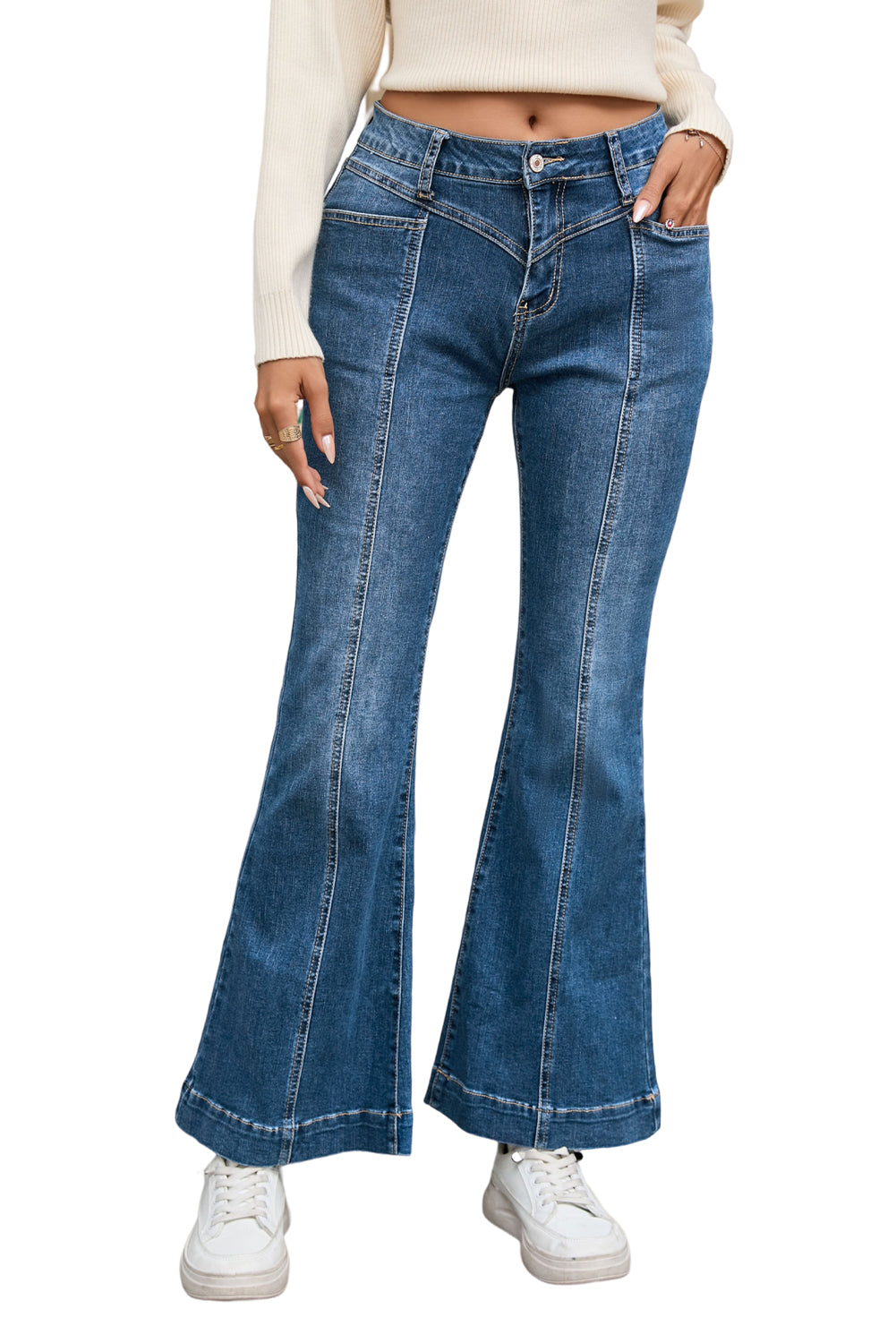 Blue High Waist Seam Stitching Pocket Flare Jeans - Mudiwa 