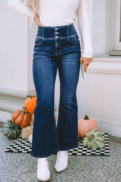 Blue Buttons Elastic Wide Waistband Back Flare Jeans - Mudiwa 