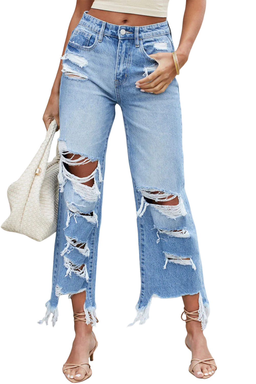 Sky Blue Heavy Destroyed High Waist Jeans - Mudiwa 