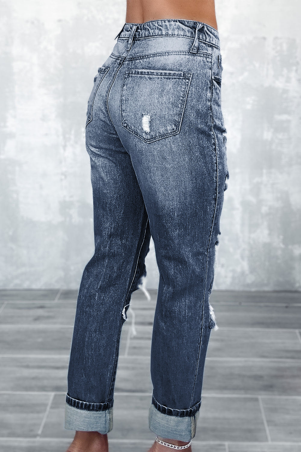 Navy Blue Light Wash Frayed Slim Fit High Waist Jeans - Mudiwa 