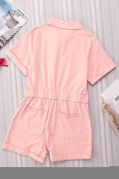 Pink Pocketed Button Down Denim Romper - Mudiwa 