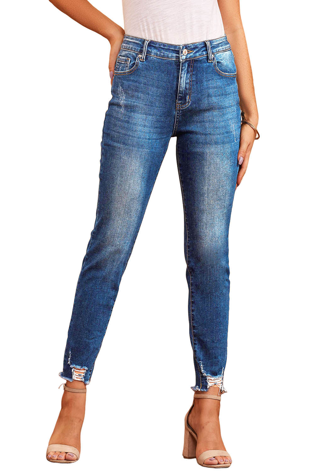 Blue Raw Hem Ankle-length Skinny Jeans - Mudiwa 