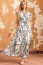 White Abstract Vein Print V Neck Ruffle Maxi Dress - Mudiwa 