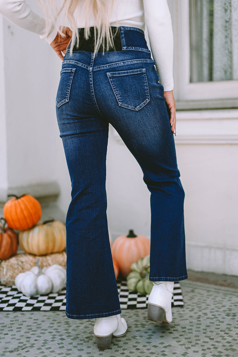 Blue Buttons Elastic Wide Waistband Back Flare Jeans - Mudiwa 