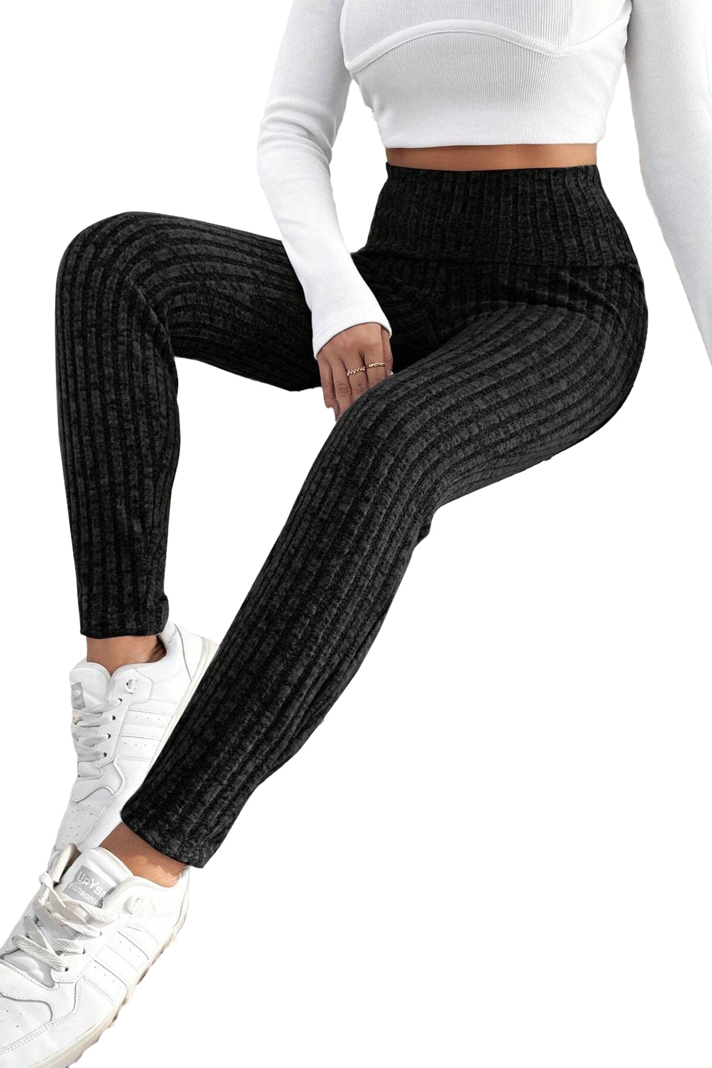 Black Wide Waistband Ribbed Textured Knit Leggings - Mudiwa 