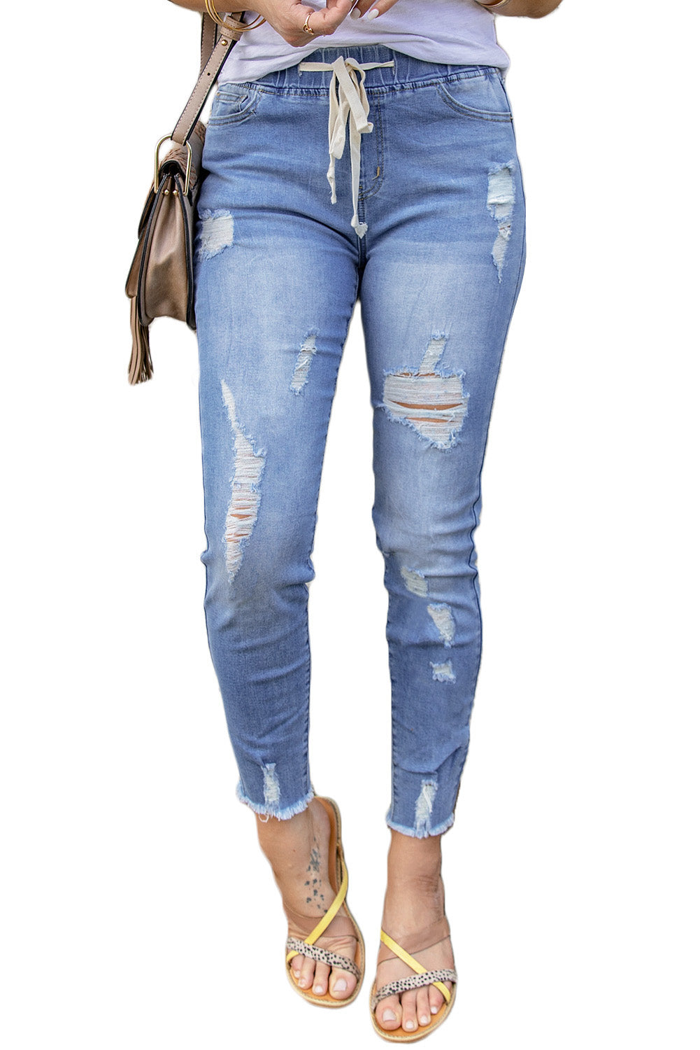 Sky Blue Drawstring Elastic Waist Hole Ripped Jeans - Mudiwa 