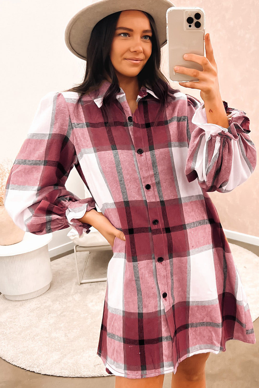 Plaid Pattern Collared Neck Ruffled Sleeve Shirt Dress - Mudiwa 