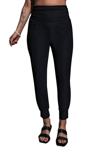 Black High Waist Pleated Pocket Leggings - Mudiwa 