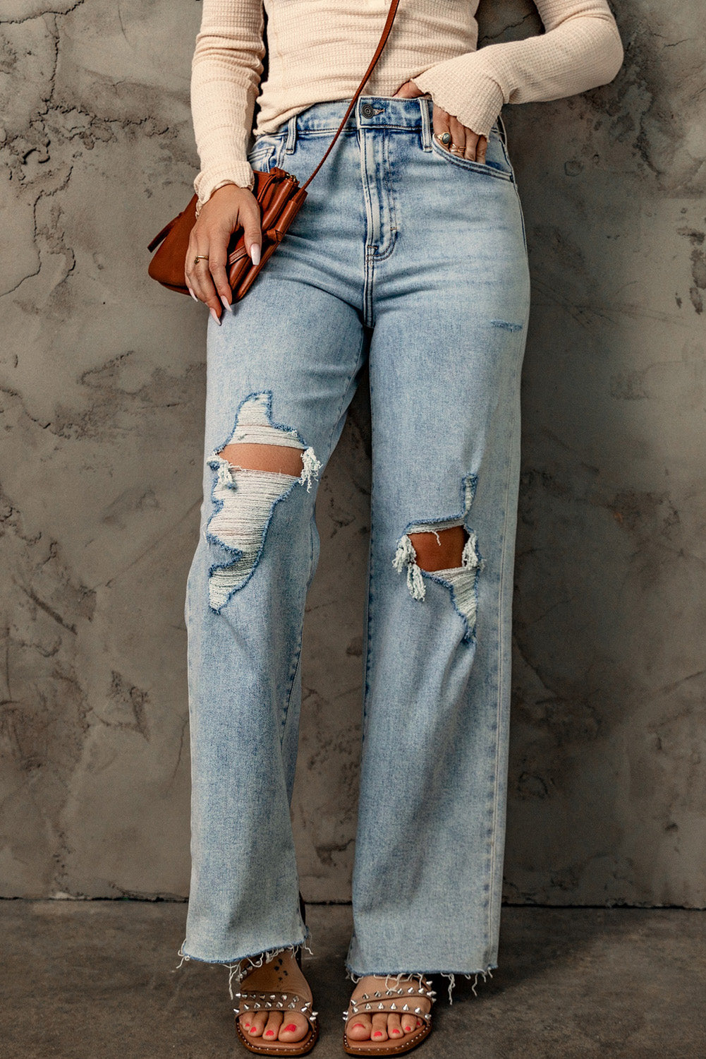 Sky Blue Distressed Frayed Hem Holed Straight Leg Loose Jeans - Mudiwa 