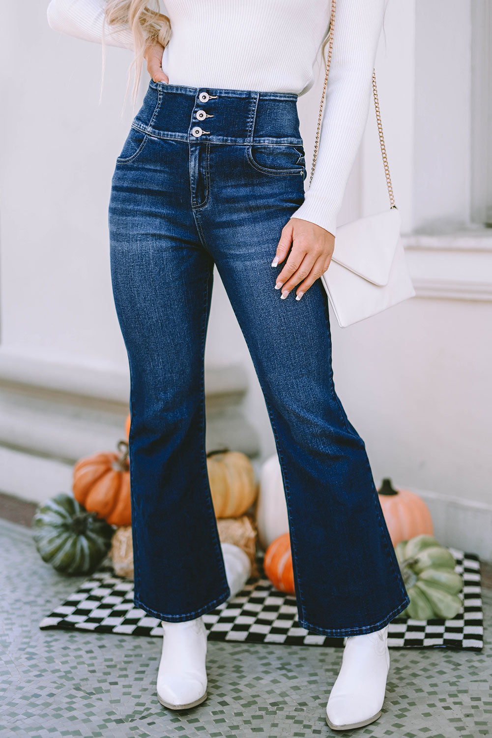 Blue Buttons Elastic Wide Waistband Back Flare Jeans - Mudiwa 