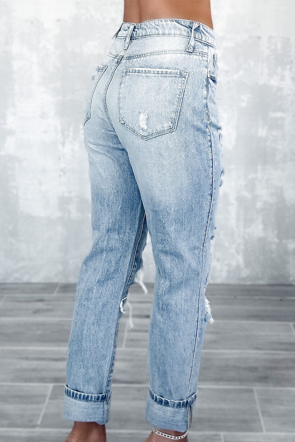 Sky Blue Light Wash Frayed Slim Fit High Waist Jeans - Mudiwa 