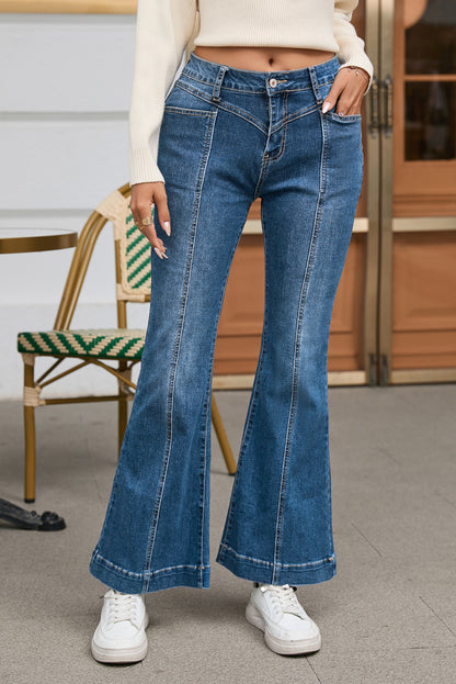 Blue High Waist Seam Stitching Pocket Flare Jeans - Mudiwa 