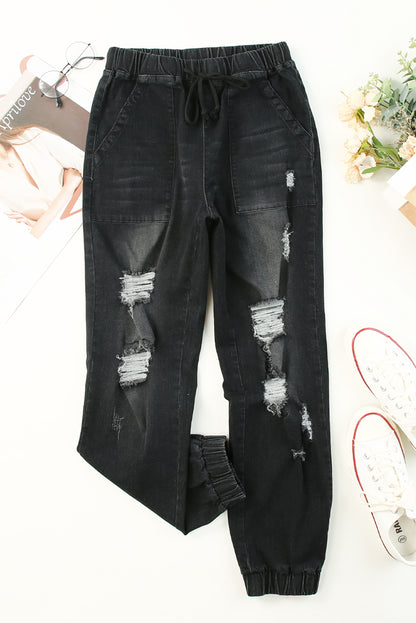 Black Pocketed Distressed Denim Jean - Mudiwa 